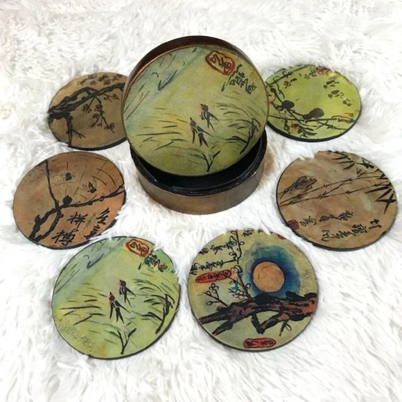 Vintage Round Glazed Hand Painted Tranquil Garden Coasters w/ Lidded Box - Picture 1 of 15